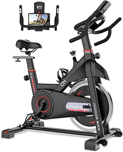 Exercise Bike Stationary, CHAOKE Indoor Cycling Bike with Heavy Flywheel, Comfortable Seat Cushion, Silent Belt Drive, iPad Holder and LCD Monitor for Home Gym Cardio Workout Training (Red)