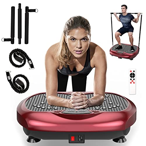 Natini Vibration Plate Exercise Machine – Whole Body Workout Vibration Platform Lymphatic Drainage Machine for Weight Loss Home Fitness w/Pilates Bar + Resistance Bands + Remote(Red)