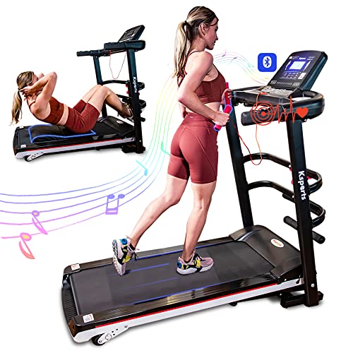 Ksports Foldable 16 Inch Wide Home Treadmill w/Bluetooth Connectivity, Kinomap, Zwift & FitShow Fitness Tracking Apps, Music, 4 Manual Inclines and Speed Control
