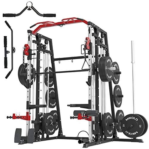 Mikolo Smith Machine, 2200lbs Squat Rack with LAT-Pull Down System & Cable Crossover Machine, Training Equipment with Leg Hold-Down Attachment（2023 New Version）