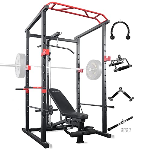 Power Cage with Lat Pulldown 1000 LBs Capacity Power Rack Weight Cage for Men Women Strength Training Powerlifting Home Gym Equipment (Power Cage with Lat Pull Down + Weight Bench + Cable Attachments)