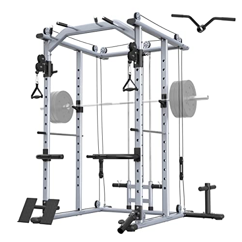 MAJOR LUTIE Multi-Function Power Cage, PLM04 1400 LBS Power Rack with Cable Crossover Machine and More Strength Training Attachment for Home Gym（Sliver） (D11)