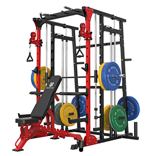 MAJOR LUTIE Smith Machine with Weight Bench and 230LBS Olympic Plates, SML07 1600lbs Power Cage with Smith Bar and Two LAT Pull-Down Systems and Cable Crossover Machine
