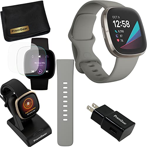 Fitbit Sense Advanced Smartwatch (Sage Grey) with Small & Large Bands, Bundle with 3.3foot Charge Cable, Wall Adapter, Screen Protectors & PremGear Cloth Compatible