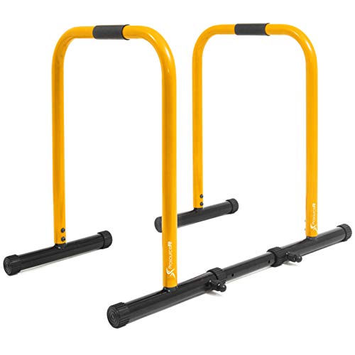 Prosource Fit Dip Stand Station, Heavy Duty Ultimate Body Press Bar with Safety Connector for Tricep Dips, Pull-Ups, Push-Ups, L-Sits, Yellow (ps-1066-ds-yellow)