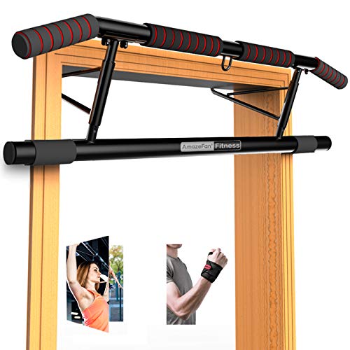 AmazeFan Pull Up Bar Doorway with Ergonomic Grip – Fitness Chin-Up Frame for Home Gym Exercise – 2 Professional Quality Wrist Straps + Workout Guide – No Installation Needed(Fits Almost All Doors)