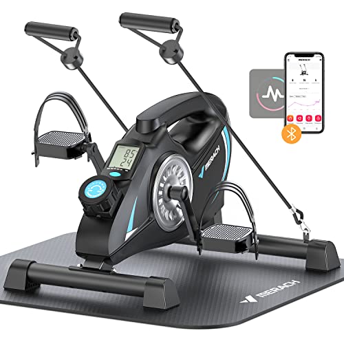 Under Desk Bike Pedal Exerciser, Quiet Magnetic Mini Exercise Bike with MERACH App for Arm, Leg Recovery, Physical Therapy, Smooth Foot Desk Cycle with 2 Resistance Bands & Non-Slip Mat