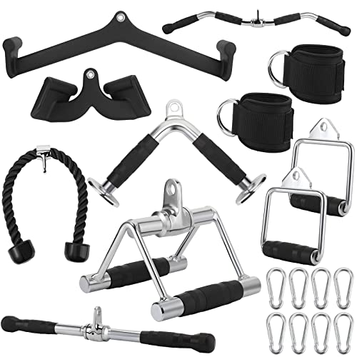 Junkin 19 Pieces LAT Pull Down Bars Cable Machine Attachments for Home Gym Triceps Rope Pull Down Equipment Weight Machine Accessories for Fitness Workout Strength Training