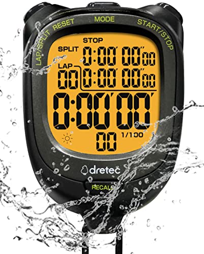 Dretec – Digital Sports Stopwatch/Countdown Timer Lap Split with Clock Calendar Alarm, IPX7 Waterproof, Extra Large LCD Display for Running Swimming Referee Coaches Training