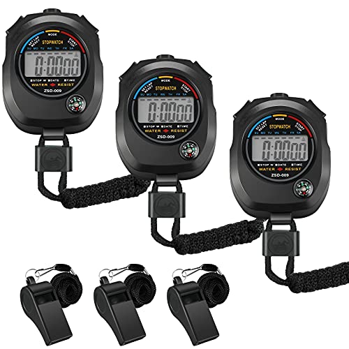 Frienda 3 Pieces Black Sport Stopwatch Digital Sports Stopwatch Timer Large Screen Interval Timers 3 Pieces Loud Sound Whistle Sports Whistle with Lanyard Black Loud Whistle for Athletes and Referee