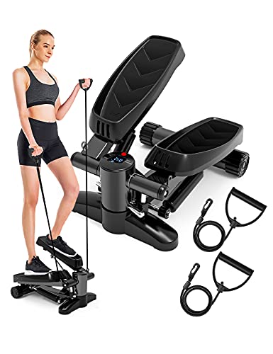 DACHUANG Mini Exercise Stepper 330lb, Stair Steppers with Display, Aerobic Fitness Stepper Exercise Machine with Resistance Bands Step Fitness Machines for Home Office Workout, Bright Dark Black