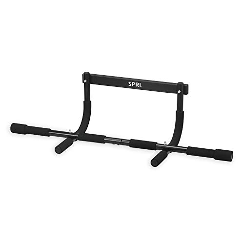 SPRI Pull Up Bar – 8-Grip Position Premium Heavy Duty Steel Frame & Foam Covered Handles | Supports 300lbs | Pullup Bar Fits Most Door Ways (Up to 32″W), Black