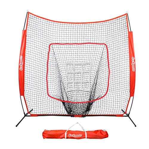 GoSports 7 ft x 7 ft Baseball & Softball Practice Hitting & Pitching Net with Bow Frame, Carry Bag and Bonus Strike Zone, Great for All Skill Levels