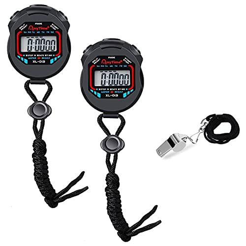 Digital Stopwatch – 2Pcs Sport Stopwatches Timer with 1Pcs Stainless Steel Whistle, Multi-Function Waterproof LCD Chronograph Counter Stop Watch for School Gym Coaches Referees Teacher Kids