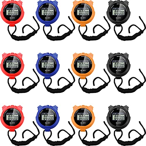 12 Pcs Digital Stopwatch Timer for Sports Multi Function Stopwatch with Lanyard Plastic Large Display Waterproof Date Time Alarm Stopwatch Watch Timer Fitness Referees (Black Blue Red Orange)
