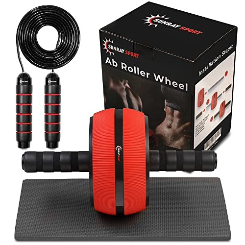 Ab Roller Wheel Sunray Sport-Ab Wheel Roller For Core Workout-Easy Quick Assembly Ab roller -Perfect Exercise Ab Workout Equipment-Strengthen Your Core Muscles-Premium Quality Jump Rope and Knee Mat