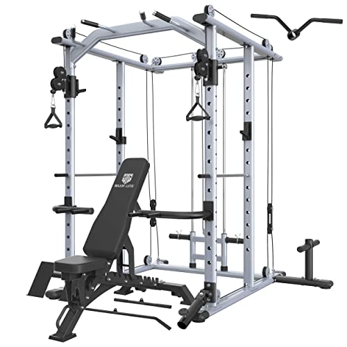 MAJOR LUTIE Power Cage with Weight Bench, PLM04 1400 LBS Power Rack with Multi-Function Cable Crossover Machine and More Strength Training Attachment, Sliver PLM04- Power Cage with Weight Bench