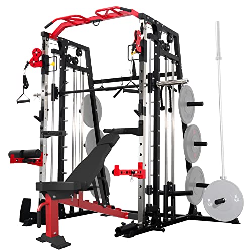 Mikolo Smith Machine Home Gym, 2200lbs Squat Rack with LAT-Pull Down System & Cable Crossover Machine, Training Equipment with Red Adjustable Weight Bench