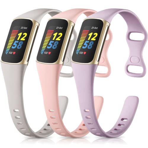 Maledan Slim Band Compatible with Fitbit Charge 5 Advanced Fitness Tracker, 3 Pack Cute Durable Slim Thin Sport Waterproof Replacement Wristbands for Women Men, Pink/Gray/Lavender
