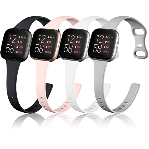 Witzon 4 Pack Slim Bands Compatible with Fitbit Versa 2 Bands/Fitbit Versa/Fitbit Versa Lite/SE, Silicone Replacement Smartwatch Wristband for Women Men(Small, Black/Gray/Pink Sand/White)
