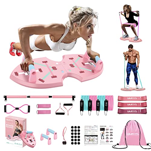 LALAHIGH Push Up Board, Portable Home Workout Equipment for Women & Men, 30 in 1 Home Gym System with Pilates Bar, Resistance Band, Booty Bands, Pushup Stands for Body Shaping – Pink Series