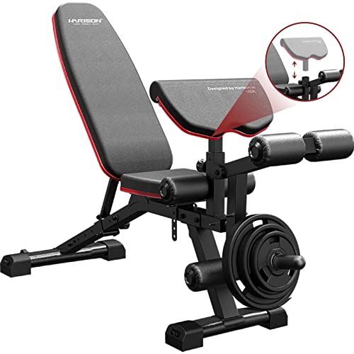 HARISON Adjustable Weight Bench with Leg Extension and Preacher Pad, Flat Incline Decline Exercise Bench for Home Workout Weight Training （2023）