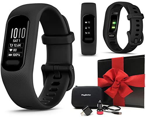 PlayBetter Garmin vivosmart 5 Fitness Tracker (Black, S/M) Gift Box Bundle Car/Wall Adapters & Protective Hard Case – Heart Rate Monitor & Sleep Tracker – Phone GPS, Easy to Use Wrist Bands