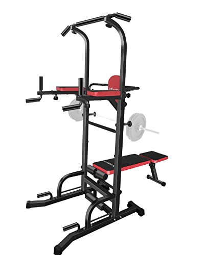 HAKENO Power Tower, Workout Dip Station with Weight Bench Pull Up Bar /Stand for Home Gym Strength Training Squat Rack Multi-Function Home Gym Fitness Equipment