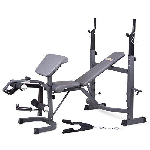 Body Champ Olympic Weight Bench, Workout Equipment for Home Workouts, Bench Press with Preacher Curl, Leg Developer and Crunch Handle for At Home Workouts, Dark Gray/Black, BCB5860