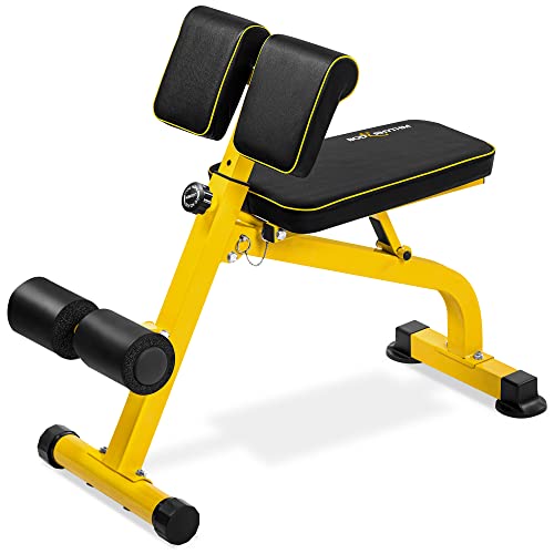 BODYRHYTHM Compact Adjustable Weighted Bench for Full Body Strength Training, Ab/Back Hyper Roman Chair, Adjustable Ab Sit up Bench, Incline Decline Bench, Flat Bench, Hyperextension Bench, Back Extension Machine (Yellow)