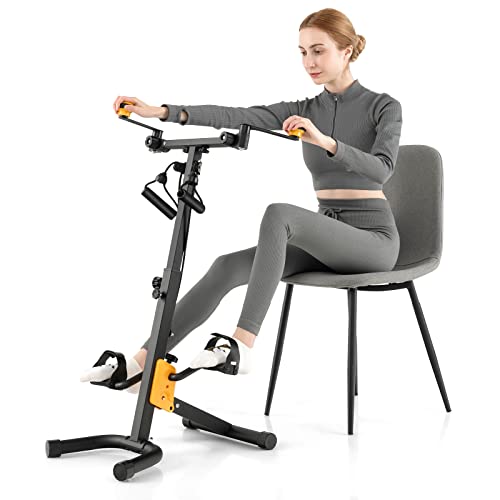 Goplus Foldable Pedal Exerciser for Seniors, Hand Arm Leg Knee Physical Therapy Exercise Bike w/Adjustable Height, Handgrip, LCD Monitor, Resistance Band, Recovery Home Workout Equipment for Elderly