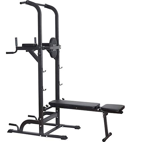 Power Tower Dip Station High Capacity 800lbs w/Weight Sit Up Bench Adjustable Height Heavy Duty Steel Multi-Function Fitness Pull Up Chin Up Tower Equipment for Home Office Gym Dip Stands (Black)