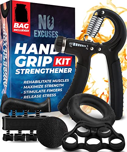Grip Strength Trainer Kit (5 Piece Set), Adjustable Hand Grip Exerciser Strengthener, Hand Strengthener, Forearm Strengthener, Hand Squeezer Grip Strength, Strength Training Hand Strengtheners