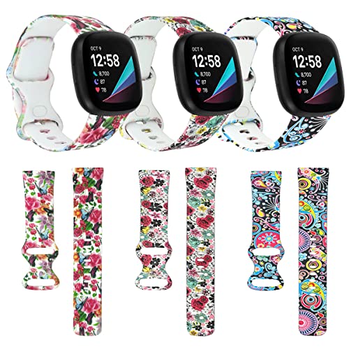 [3 PACK] Compatible with Fitbit Fitbit Versa 3 Bands Women/Fitbit Versa 4 Smart Watch Band Strap Replacement Accessories for Men Women- Colorful Pattern Silicone Sport Band Wristband – Large Wrist