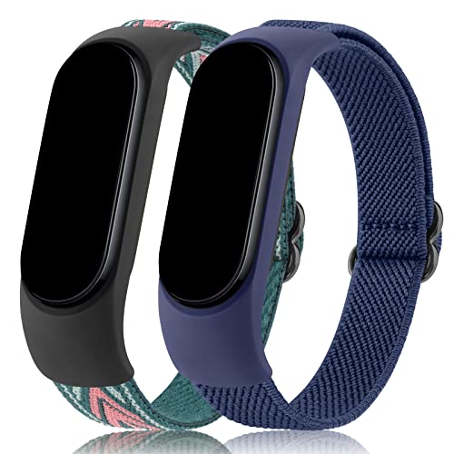 Wanme Bands for Amazfit Band 5 Replacement Strap Women Men, 2 PACK Soft Elastic Sport Strap Compatible with Amazfit Band 5 Wristband Watchband Accessories (Black+Navy Blue)