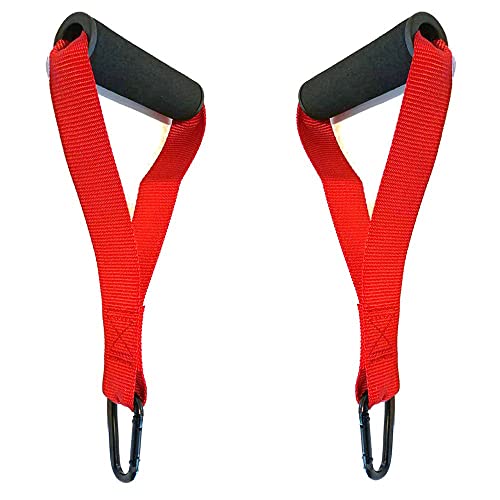 FITNESS MANIAC 2X D-Handles Fitness Strength Training Foam Grips D-Ring Stirrup Steel Hook Straps Handle Bodybuilding Home Gym Cable Machine Attachments Pull Up Exercise Equipment RED Pair