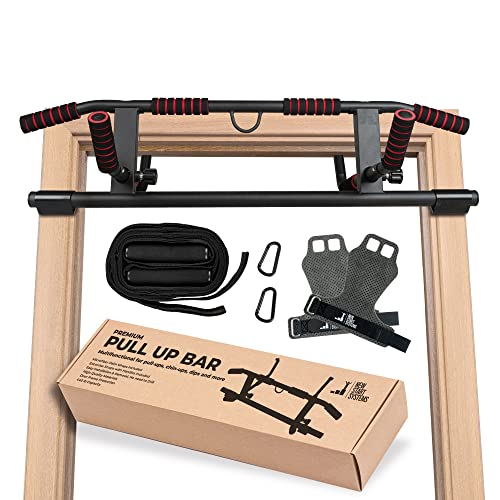 NEW START SYSTEMS – Pull Up Bar for Doorway – Heavy Duty Pullup Bar [up to 440 lbs] – Door Pull Up Bar with Bonus Palm Wraps & Exercise Straps for Dips & More. – Chin Up Bar also suitable for Push Ups – Workout Bar