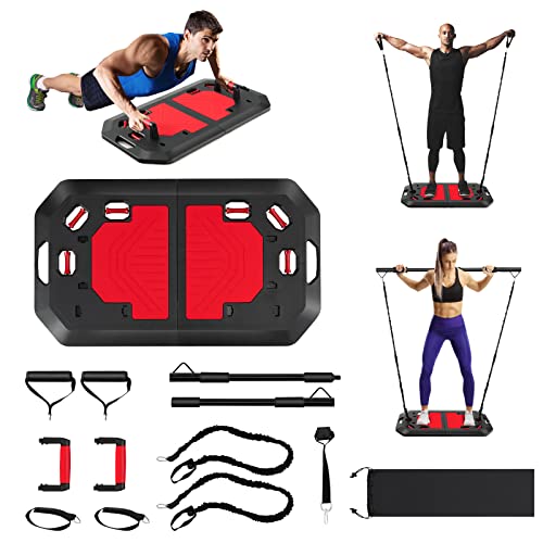 Goplus 34 Inch Push up Board, Portable Home Gym with Elastic Bands, Push up Stand Handles, Pilate Bar, Drawstring Bag, Foldable Workout Equipment for Men Women Strength Training, Full Body Workout
