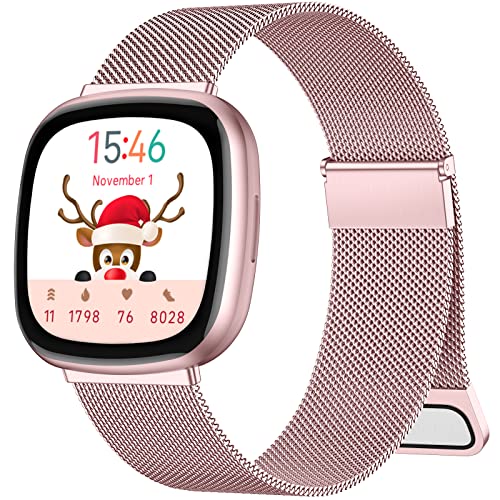 Zedoli Bands Only Compatible with Fitbit Versa 4/3 and Fitbit Sense/Sense 2 Four Models, Stylish Fashionable Stainless Steel Milanese Metal Loop Wristbands Replacement Bands Women Men, Rose Pink Gold