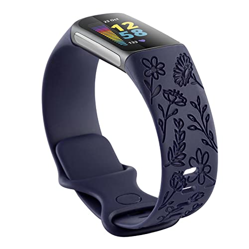 Flower Engraved Bands Compatible with Fitbit Charge 5 Band Women Cute Floral Engraving Soft Silicone Sport Strap Replacement Wristband for Fitbit Charge 5 Fitness Tracker Accessories (Dark Blue)