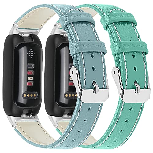 FitTurn 2PACK Leather Bands Compatible for Fitbit Inspire 3 Classic Wristbands Accessories Strap Replacement Band for Fitbit Inspire 3 Fitness Tracker Women Men (Blue,Teal)