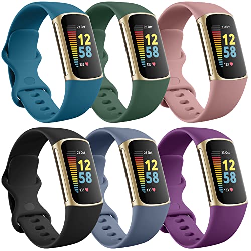 Ouwegaga Compatible with Fitbit Charge 5 Bands for Women Men, Soft Waterproof Sport Watch Band Replacement for Fitbit Charge 5 Fitness Tracker, 6 Pack Small