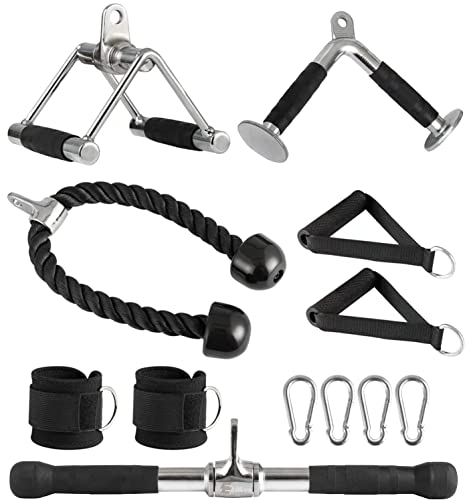 Triceps Pull Down Cable Machine Attachments for Home Gym Workout, 7 Piece Set Multi-Option, V Handle with Rotation, Rotating Straight Bar, V-Shaped Bar, Tricep Rope, Ankle Straps,Chrome