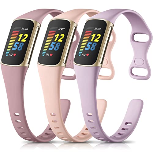 Maledan Band Compatible with Fitbit Charge 5 Bands for Women Men, 3 Pack Soft Silicone Sport Replacement Slim Accessories for Fitbit Charge 5 Advanced Fitness Tracker, Pink/Lavender/Ashy Pink