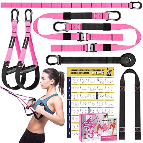 Home Resistance Training Kit, Pink Resistance Trainer Exercise Straps with Handles, Door Anchor and Carrying Bag for Home Gym, Bodyweight Resistance Workout Straps for Indoor & Outdoor