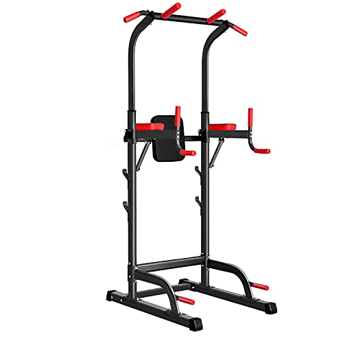 Power Tower Dip Station, Pull Up Bar Station & Multi-Function Gym Equipment For Home Strength Training Adujustable Height Up to 85.5″,Load 350LBS