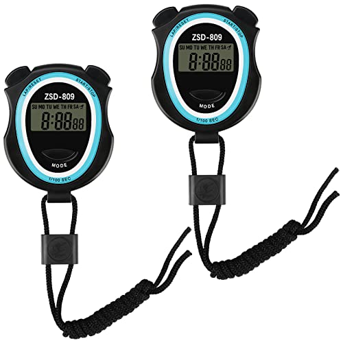 2Pcs Stopwatch – Digital Stopwatch Timer with Lanyard, Handheld Stop Watches Timer with Alarm & Calendar, Shockproof Sports Stopwatch for Coach Referee Swimming Running