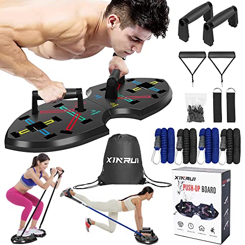 XINRUI Quadropress Push Up Board, Adjustable Push Up Bar for Men and Women, Foldable Push up Handles for Floor, Perfect Pushup Board Fitness, Iron Chest Pro Push Up, Portable Home Workout Equipment (Black Board + Resistance Band)