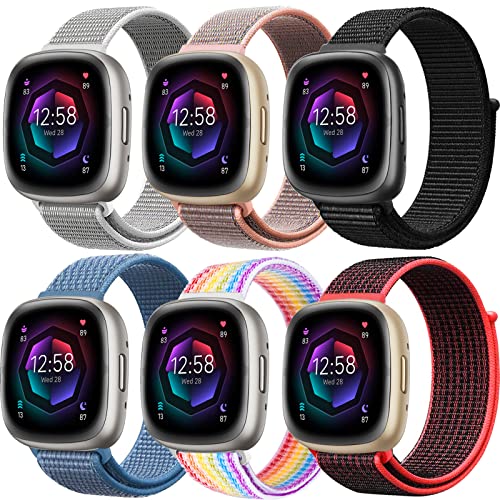 Band For Fitbit Versa 4 & Versa 3 Bands/Fitbit Sense 2 & Sense Bands Women Men,6 Pack Breathable Sport Loop Nylon Wristband Replacement Strap for Fitbit Versa 3/Versa 4/Sense/Sense 2 Bands