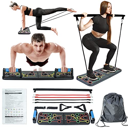 Multifunctional Push Up Board for Men Upper Body Workout – Portable Exercise Equipment for Home Gym -Chest, Back, Arms Strength Training with Pilates Bar Kit with Resistance Bands